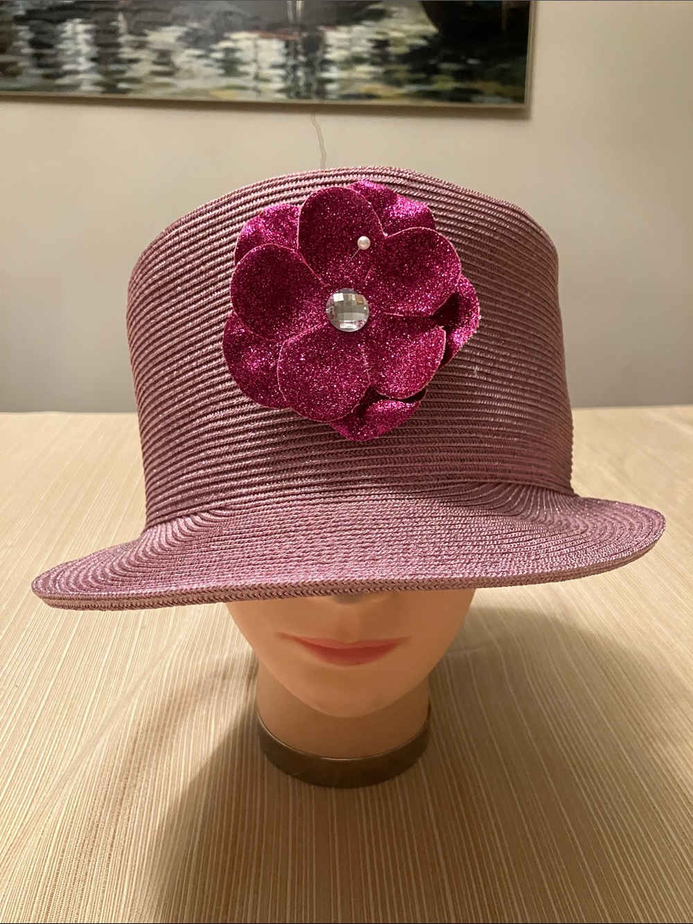 Chic Metallic Pink Cloche Hat with Sparkle Flower Accent